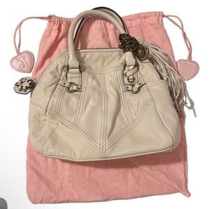 Juicy Couture White Satchel with Decorative Stitching and Metal Hardware